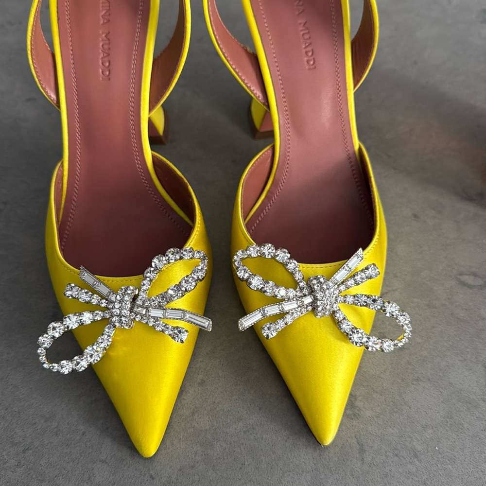 Amina Muaddi Yellow Satin Rosie Slingback Heels 95mm - Picture 11 of 11